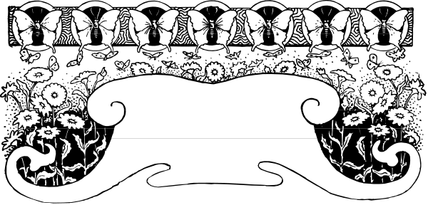 The black and white illustration shows a decorative border with intricate patterns including floral designs, scrollwork, and what appears to be cherubs at either end of an archway.