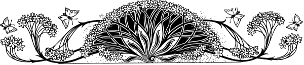 The image shows a black and white decorative border with intricate patterns including floral motifs at each end of an elongated oval shape in the center.
