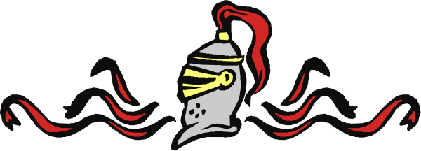 The image shows a logo with an emblem of a knight's helmet on top against a red background; below it is text that reads "KNIGHTS OF THE ROUND TABLE."