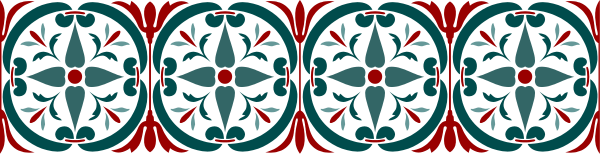 The image shows a decorative border with an intricate pattern featuring red and blue designs on what appears to be a gray background.