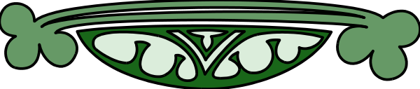 The image shows a decorative border with an intricate design featuring green leaves on either side of what appears to be a shield-like emblem in white at its center.