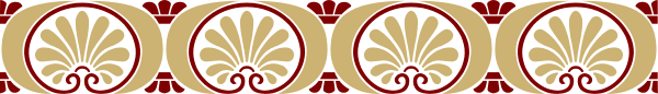 The image shows a red ribbon with gold trim featuring an intricate pattern of leaves on it against a gray background.