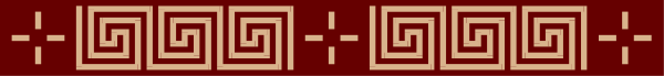 The image shows a gray background with an abstract design that resembles ancient Greek pottery featuring red lines forming geometric patterns on either side of what appears to be a stylized face in profile view at the center, all set against a darker grey border framing the entire composition horizontally.