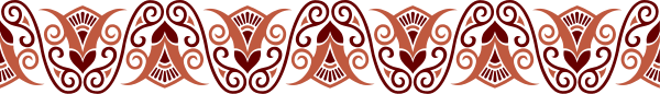 The image shows a red ribbon with an intricate pattern of black designs on it against a gray background.