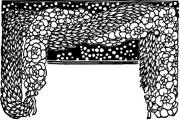 The black and white illustration shows a stylized fireplace with stones on its sides and mantelpiece above it; there is no visible text in this image.