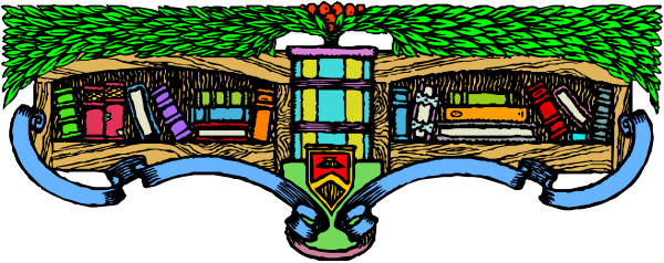 The image shows a colorful cartoon of an underground library with bookshelves filled with various items like books, vases, and other decorative pieces; there's also a small figure that appears to be reading in front of one shelf.