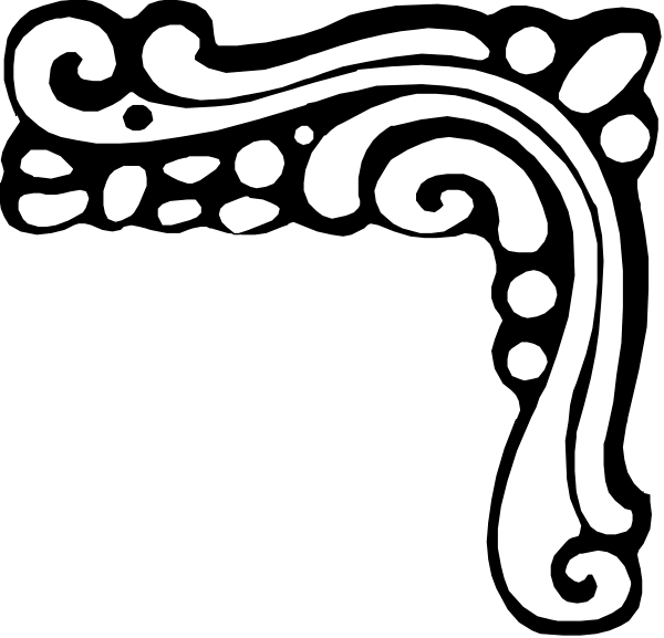 The black and white design features a decorative border with swirls on either side of an abstract shape that resembles a stylized letter 'v'.