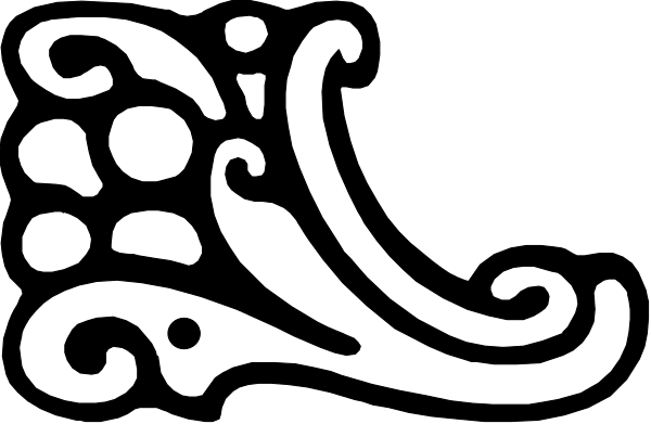 The black and white design features a decorative border with swirling patterns on either side of what appears to be an abstract floral motif in the center.