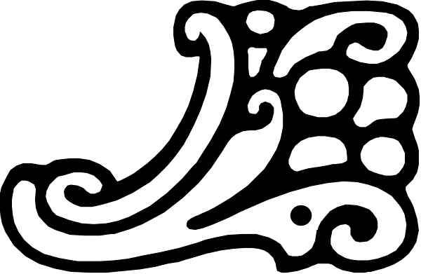 The image shows a black and white illustration of an intricate design that resembles a stylized tree with leaves on one side and what appears to be grapes hanging from it on the other.