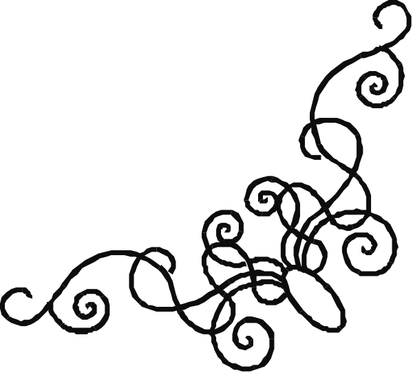 The black background features a white swirl design with intricate patterns that resemble vines or tendrils at both ends of an abstract shape in the center.