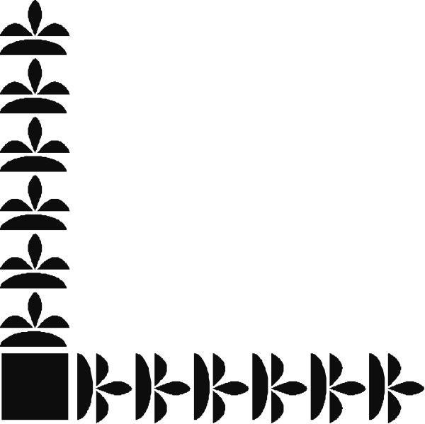 The black and white illustration shows a square frame with an intricate border featuring repeating patterns of leaves on either side at top and bottom corners.