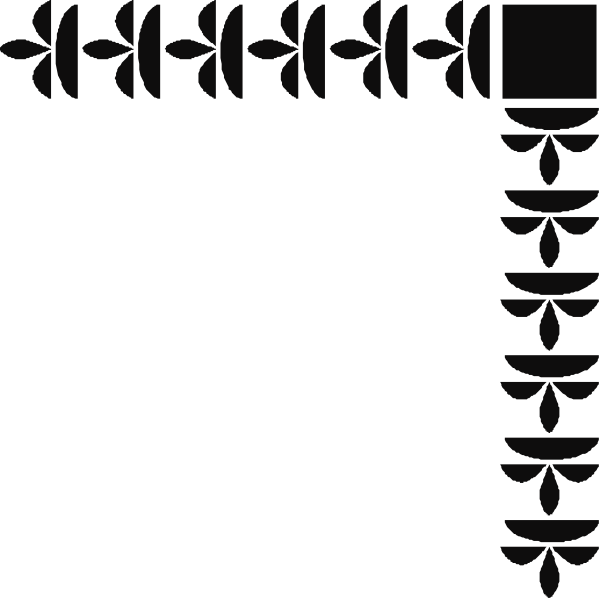 The image shows a black square with white borders containing an intricate pattern of leaves on either side at top and bottom corners.