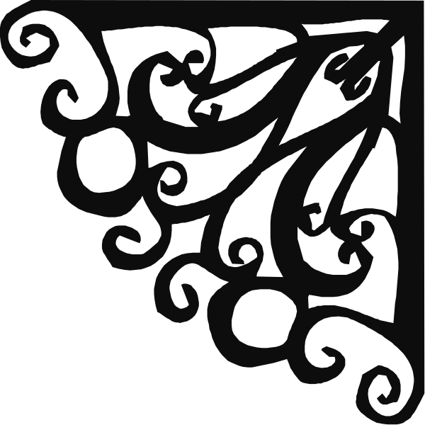 The black and white illustration features a stylized design with swirling patterns that resemble vines or tendrils on either side of what appears to be an abstract shape in between them; there is no text present, so it's not possible for me to describe any actions taking place.