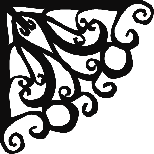 The black and white illustration features a decorative pattern with swirling lines that resemble vines or branches on either side of an abstract design in between them.