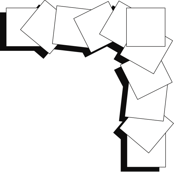 The black and white image shows a collection of papers scattered around an area that resembles a doorway with two rectangles on either side forming what appears to be door frames.