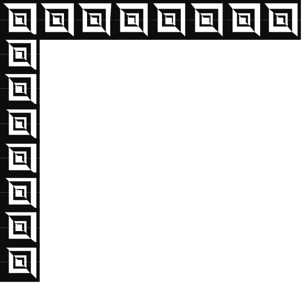 The image shows a black square with white borders set against an abstract background featuring geometric shapes that resemble tiles on a floor.