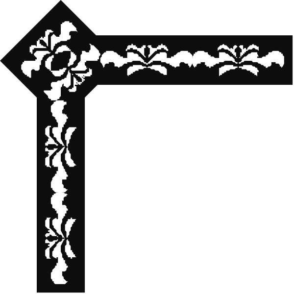 The black and white illustration shows a decorative border with intricate patterns resembling lacework at its top edge, flanked by two symmetrical vertical elements that appear to be stylized leaves on either side of an empty rectangular space in between them.