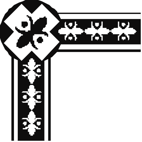 The black and white graphic shows a stylized decorative border with intricate patterns that resemble traditional embroidery designs featuring crosses and other geometric shapes within an elaborate frame.