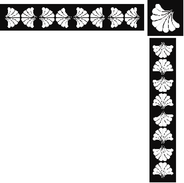 The image shows a collection of black and white decorative elements that resemble leaves arranged along both sides of an empty space in what appears to be a digital scrapbooking template with borders at top and bottom.
