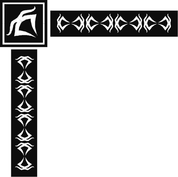 The image shows a black background with white text that includes various symbols such as letters, numbers, shapes like squares and rectangles, and what appears to be an abstract design resembling stylized leaves at one end of each line segment.