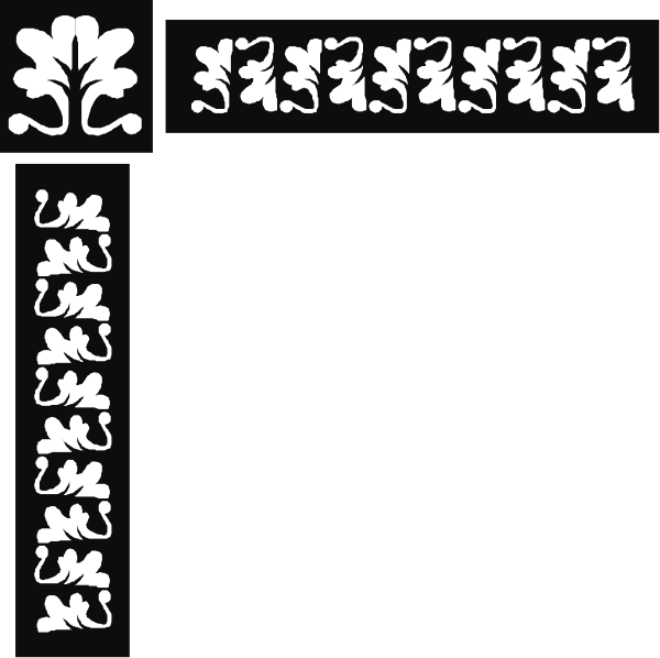 The black and white illustration shows a decorative border with floral patterns on either side of an empty space that is divided into sections by lines; there's also text in each section which appears to be placeholder content, possibly for writing purposes.