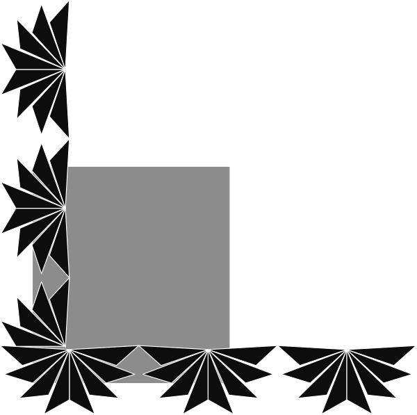 The black and white image shows a simple geometric shape resembling an abstract representation of a room with walls forming corners at 45 degrees to each other; there is no text present in this clip-art illustration, which focuses on shapes rather than objects or actions typically associated with real scenes. There are also some small lines that could be interpreted as rays of light emanating from the shape's interior space towards its exterior corners and edges.