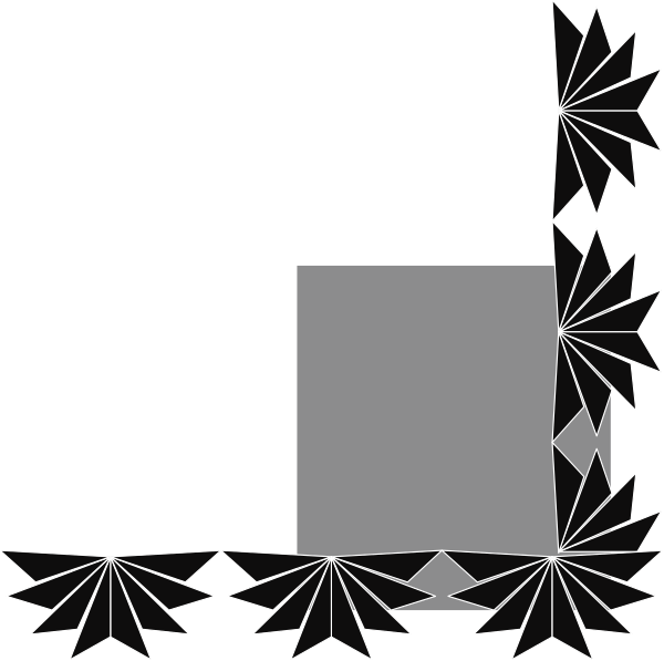 The black and white illustration shows a simple geometric shape resembling an abstract tree with leaves on its branches against a dark background.