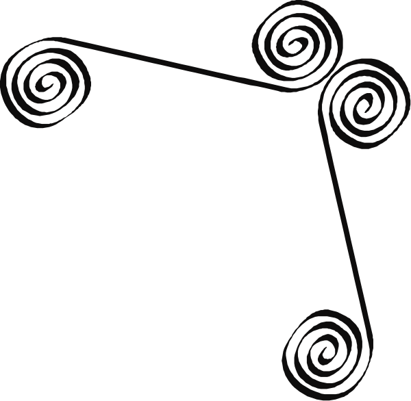 The black background features a white swirl design with two spirals intersecting at an angle near each other on either side of what appears to be a small square in between them.