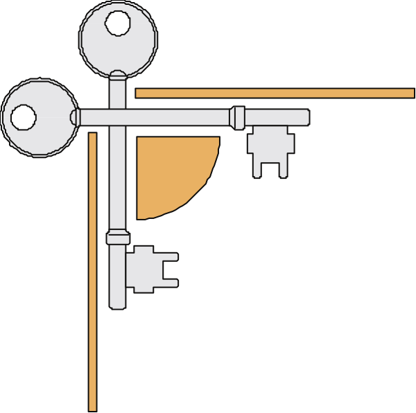 The black and white illustration shows a simple mechanical device with gears connected by rods to form an assembly line-like structure against a dark background; there is no text present in this image.