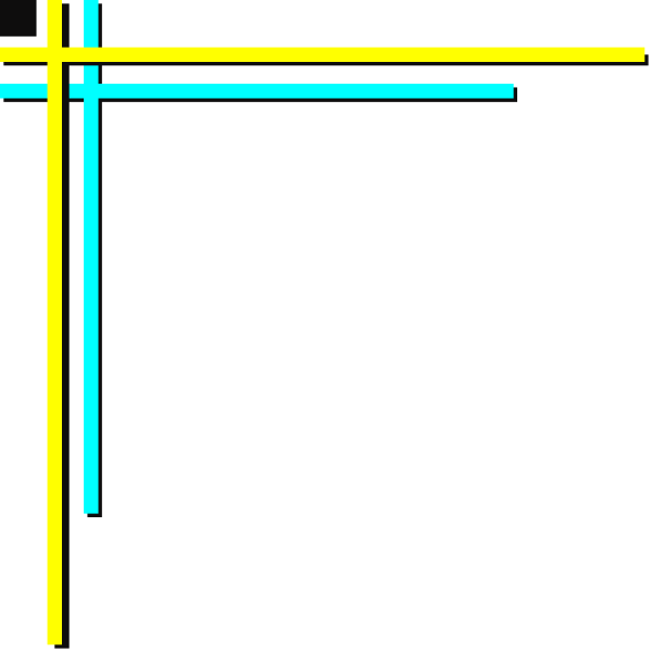 The image shows a simple black background with two yellow lines forming an X shape that intersects at its center where there is also another line in blue color creating three distinct sections of space within it.