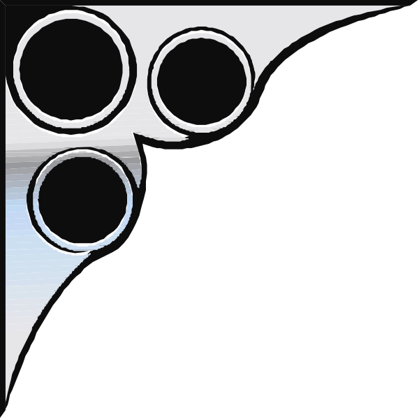 The image shows a black silhouette of an object that resembles a gun with six chambers visible on its cylinder, set against a white background.