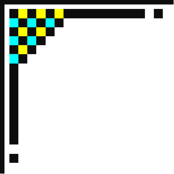 The image shows a black square with four colorful dots arranged at its corners: blue on top left, yellow on bottom right, green in between them diagonally from each other's center to another corner of the box, and red directly below it horizontally across one side.