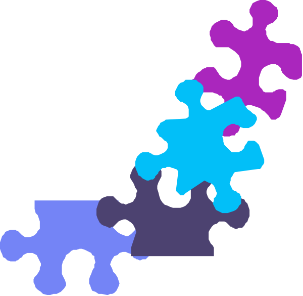 The image shows a black background with several colorful puzzle pieces scattered across it; there is no text present within this clip-art illustration.