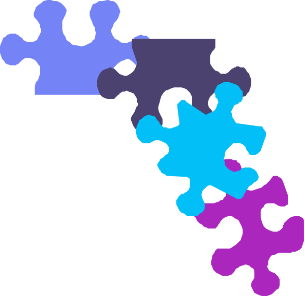 The image shows a black background with several puzzle pieces of different shapes scattered across it; some have been connected to form larger puzzles while others remain separate.