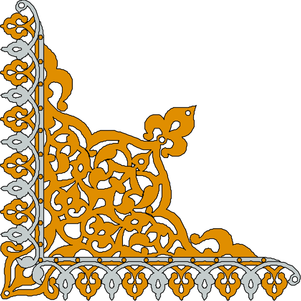The image shows a black background with an intricate orange pattern resembling lacework on either side of what appears to be a white border at the bottom.