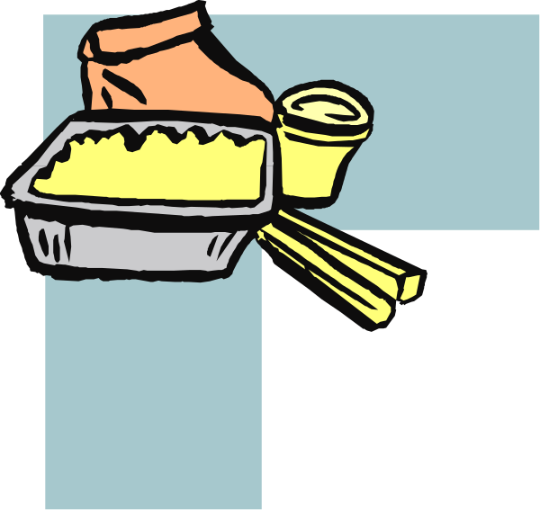 The image shows a cartoon depiction of food items on top of what appears to be an open container with utensils inside it, placed against a blue background that resembles sky; there is also a small white cross in one corner and some text at bottom right which seems like part of the clip-art design.
