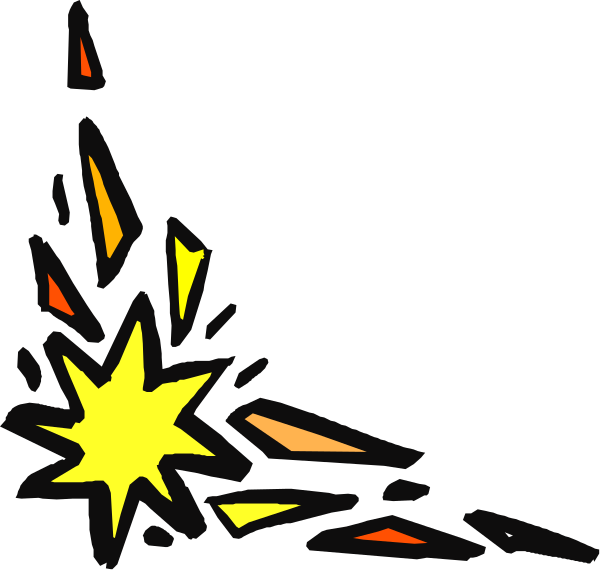 The black background features a cartoon explosion with orange flames at its center surrounded by shards of glass that have been broken off in various directions from an impact point on top left corner where there is also a small yellow starburst, suggesting it was caused by something like a firework or bomb going off.