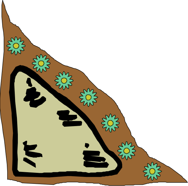 The image shows a cartoon of an outdoor scene with brown dirt ground, green plants growing on it, black silhouette trees in background, yellow flowers scattered across landscape, blue sky above, white clouds below, and no people present.