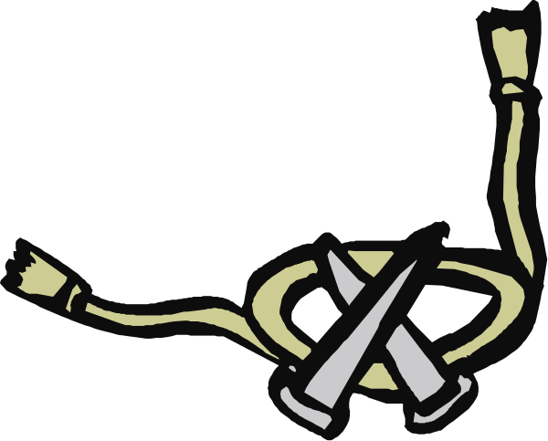 The black and white illustration shows a cartoon of an upside down tie with two knots tied together at its ends on top of what appears to be a pair of scissors lying horizontally, suggesting that someone is trying to untie it or has just finished tying the knot.