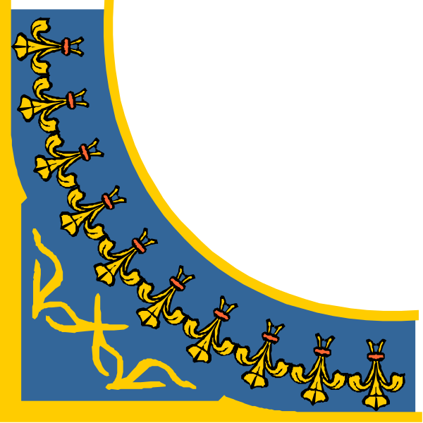The image shows a blue banner with intricate gold designs on it against a white background.