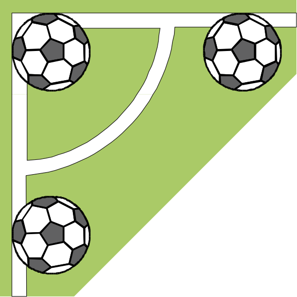 The image shows a stylized soccer field with three balls on it, two of which have been kicked into goals marked by arrows pointing to them from above; there is also an emblem resembling a shield in one corner featuring what appears to be a castle or fortress and the word "GREAT" written across its top.