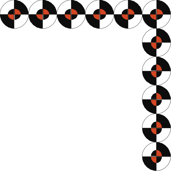 The image shows a black and white pattern with red dots forming an abstract design that resembles a stylized letter 't'.
