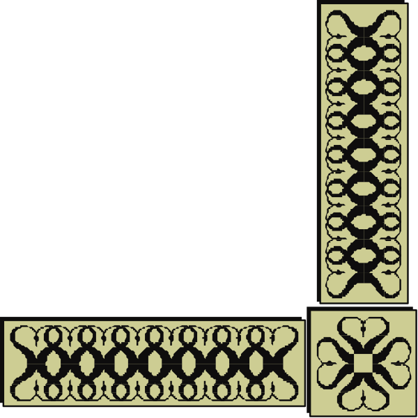 The black and white illustration shows a decorative border with intricate patterns including floral motifs and geometric shapes such as diamonds and rectangles arranged in an orderly fashion around what appears to be two vertical lines, possibly representing pillars or columns within a larger structure that is not fully visible.