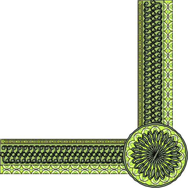 The image shows a stylized graphic of an emblem with intricate patterns resembling traditional heraldic designs featuring geometric shapes such as circles within squares on either side connected by lines that form a cross, all set against a black background and outlined in yellow.