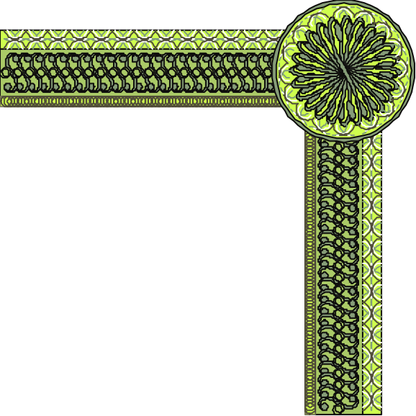 The image shows a stylized decorative border with an intricate pattern featuring geometric shapes such as circles within squares against a dark background.