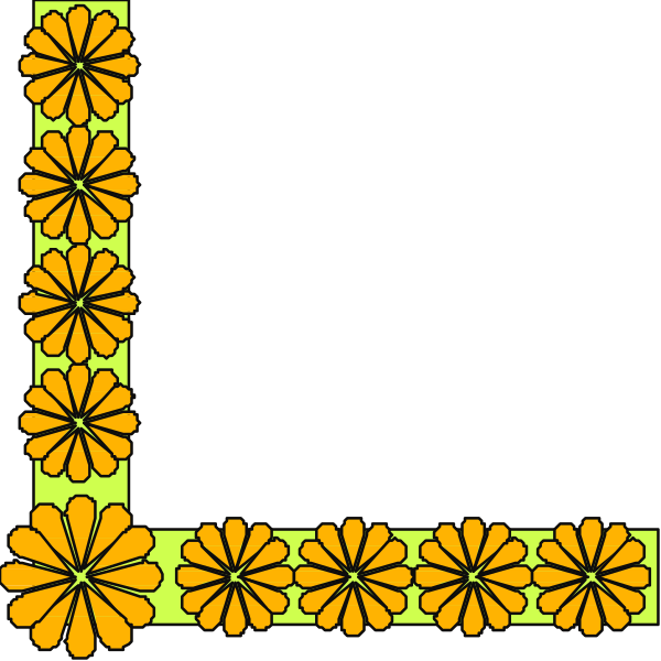 The image shows a black square with an orange border containing yellow flowers at each corner and along its sides.