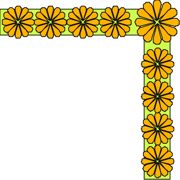 The image shows a black background with an orange flower pattern along its border forming what appears to be decorative borders on either side of two rectangles that resemble flowers in color but have no petals visible within them, and there is also some text at one end which seems like it could say "T" or something similar.