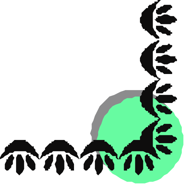 The image shows a stylized graphic with two abstract shapes resembling leaves on either side of what appears to be an animal figure in between them; there is no text present within this clip-art design, and it has a simple color scheme that includes shades of green for the leafy elements.