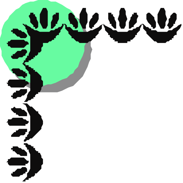 The image shows a black background with two green circular shapes on either side of what appears to be an abstract design that resembles stylized leaves in between them.