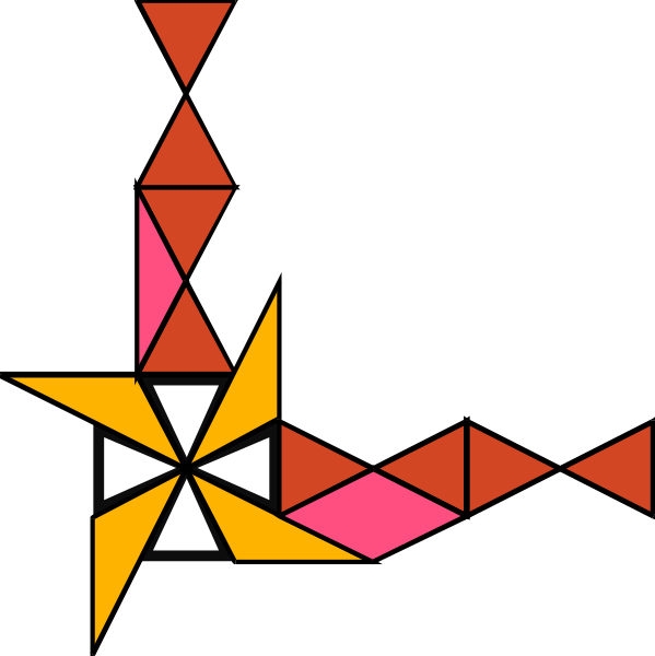 The image shows a colorful geometric abstract design with various shapes including triangles, rectangles, circles, stars, and lines in red, pink, white, black, yellow, blue, green, orange, purple, brown, gray, light beige, darker shades of the same colors.